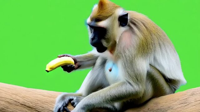 3D realistic Semnopithecus monkey eating a banana sitting on a tree branch, Rendering on solid Green Screen, 4k gray langurs Primate banana eating on chroma key
