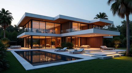 Fototapeta premium Modern luxury villa with infinity pool at twilight, showcasing sleek architecture and warm lighting, surrounded by lush tropical landscaping and palm trees.