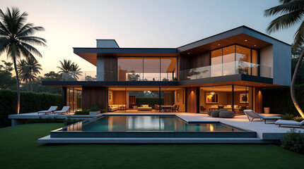 Modern luxury waterfront house with infinity pool at dusk, showcasing expansive glass windows and tropical landscaping.
