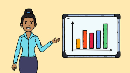 Hand drawn illustartion graphic in cartoon style. Graphic with black comic outline. Businesswoman standing at flipchart and presenting data. There is a bar graph on the flipchart. 