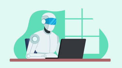 Artificial intelligence at work. Chatbot working on laptop at desk.  Illustartion graphics in flat design style. Data analysis and problem solving with machine learning. 