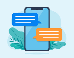 Illustartion graphics in flat design style. Text conversation on mobile phone screen. Two speech bubbles from text message conversation. Communication via text message. 