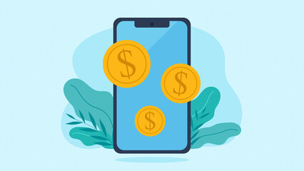 Illustration graphics in flat style. Online payments. Shopping and mobile payments over the internet. Digital money. Coins with dollar symbol on mobile phone screen. 