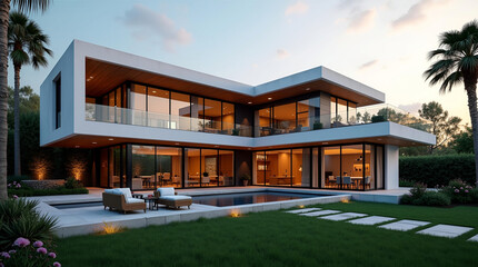 Fototapeta premium Modern two-story house with infinity pool at dusk, showcasing a contemporary design, luxurious interior, and tranquil outdoor setting with palm trees.