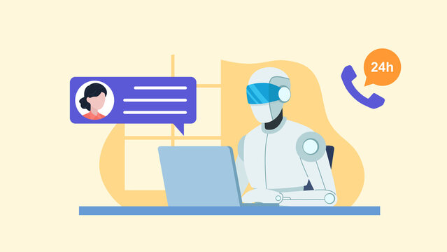 Illustartion graphics in flat design style. Chatbot working on a laptop talking to a customer. Artificial intelligence in communication with the customer. Help desk opened 24 h.