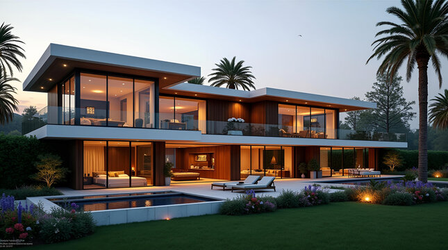 Modern luxury two-story house with infinity pool at dusk, showcasing warm interior lighting and outdoor lounge area, nestled amongst lush landscaping and palm trees.