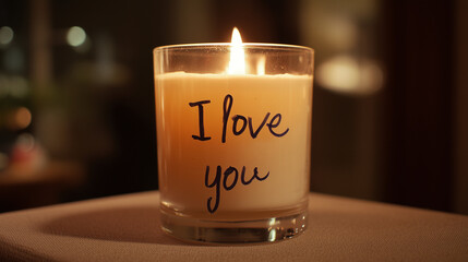 A romantic candle with 'I love you' written on it sets the mood for a heartfelt moment.

