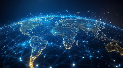 Low polyline earth network with connection points and lines, symbolizing global business, technology, and modern communication in a sleek flat vector style with space for caption.

