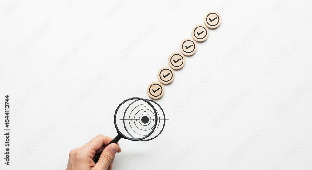 Poster Hand holding magnifying glass over target with check mark icons in a diagonal line on white surface