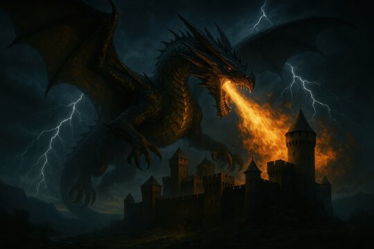 Mythical fire-breathing dragon soaring above ancient castle with storm clouds and lightning in epic fantasy scene