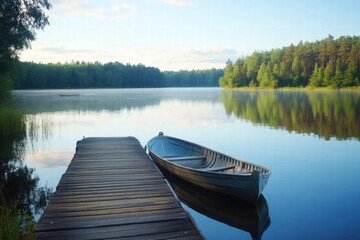 Obraz premium Sunrise on forest lake with canoe