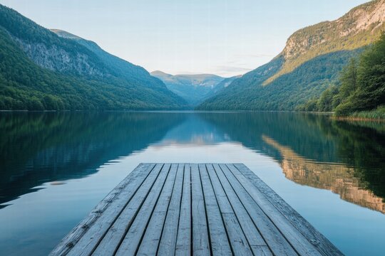Symmetrical dock in calm alpine lake