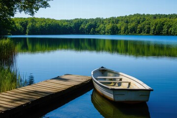 Obraz premium Small boat floating on peaceful lake