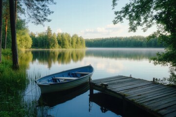 Obraz premium Boats docked by cabin on quiet lake