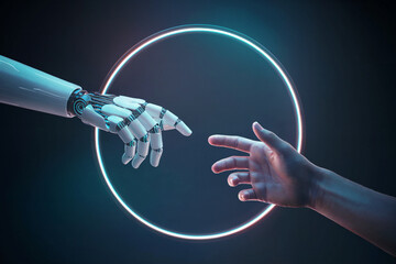 A human hand reaching out towards a robotic hand. Both hands are positioned against a dark background, and the robotic hand is illuminated with a neon blue glow. 
