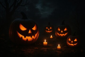 Glowing carved pumpkins creating spooky Halloween atmosphere with selective focus lighting