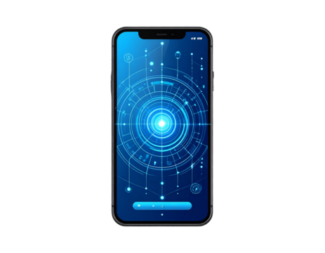 Smartphone with hologram interface icon, tech style, transparent background PNG