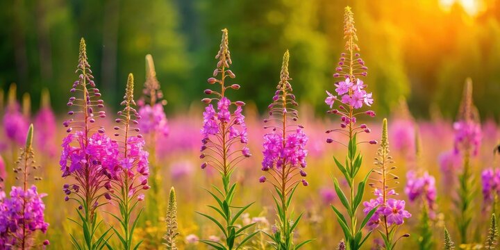 Fireweed and Willow Herb Growing Together in a Meadow, meadow, nature, meadow, nature, flowers, wildflowers