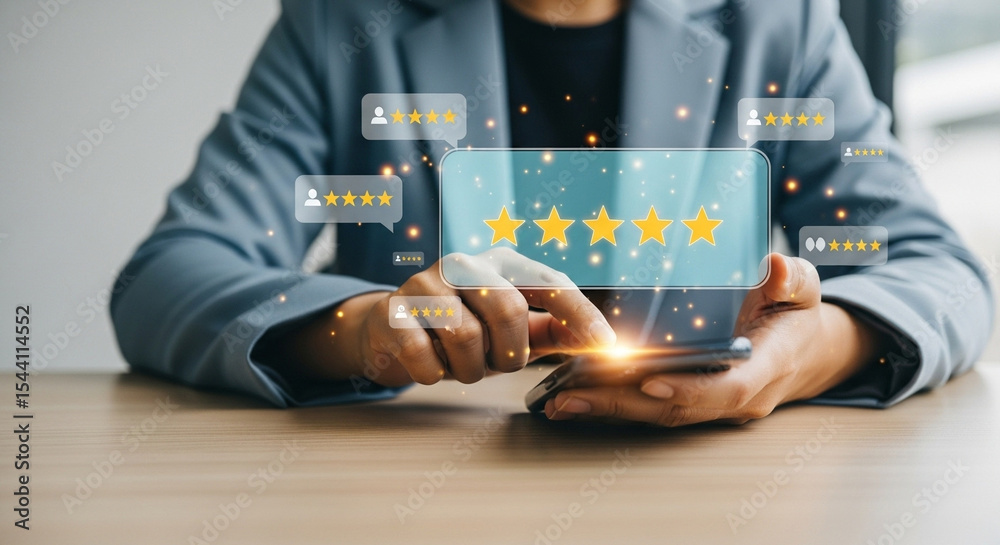 Poster Person interacting with five star rating interface on mobile device in a business setting