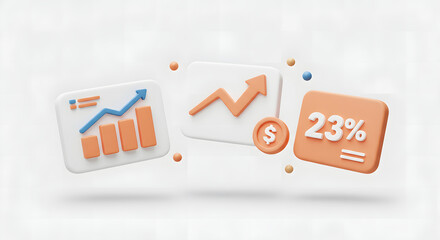 3D Analytics Icons Data Visualization, Growth Charts, and Percentage Increase