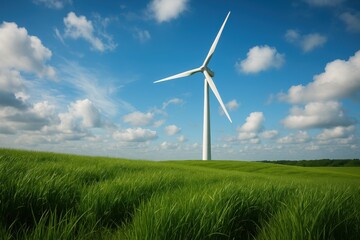 Fototapeta premium Green grassland with wind turbine representing clean renewable energy and environmental sustainability