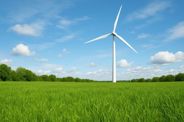 Fototapeta premium Green grassland with wind turbine representing clean renewable energy and environmental sustainability