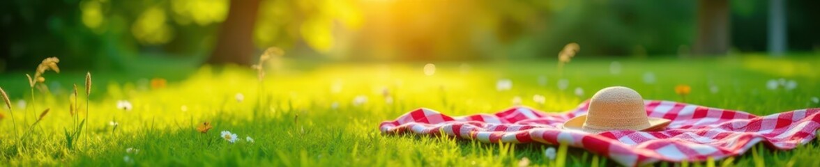 Sun-dappled meadow, red and white picnic blanket, tranquil scene ,  happy, picnic,  tranquil