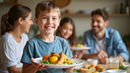 Smiling boy holds plate of food with family in background at mealtime