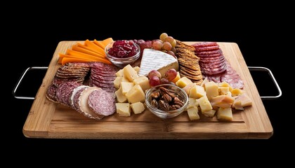 neatly arranged charcuterie board with cheeses and cured meats on a transparent background