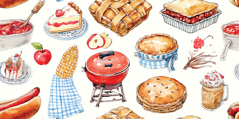 Rustic Watercolor American Picnic Food, BBQ, Apple Pie Seamless Print, Delicious Culinary Theme for design, textile, packaging, fabric, wallpaper, branding, stationery, wrapping paper interior decor.