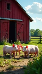 Several pigs bask in sun in front of weathered red barn, summer, sun, sunny
