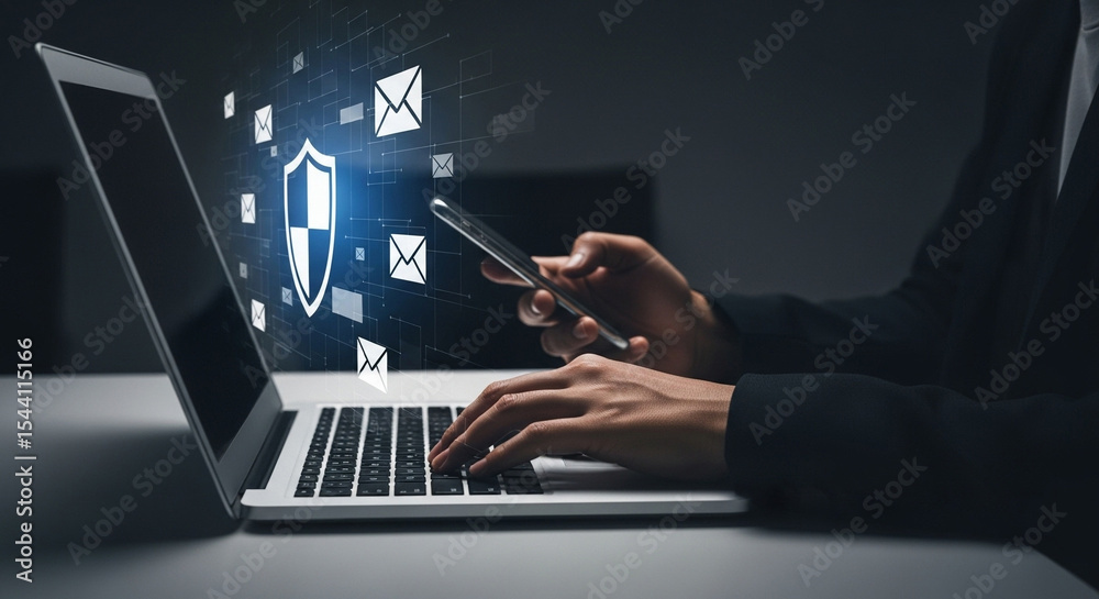 Poster person using laptop and phone with digital shield and email icons overlayed for cybersecurity