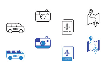 Travel flat and line icon set. Holiday, tourism, Summer vacation, airplane, trip, camera, passport, trip, location, destination and van icons. Editable vector illustration