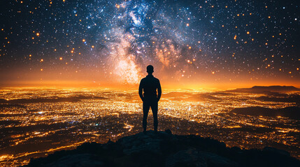 Silhouette of a person watching a glowing Earth globe with bright city lights in dark space, symbolizing global connection, exploration, technology, and the vastness of our planet.