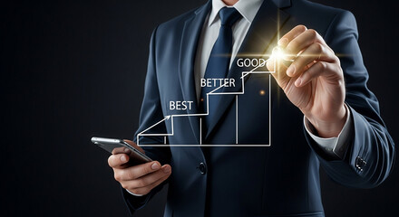 A businessman drawing a best better good staircase with a phone in hand on a dark background