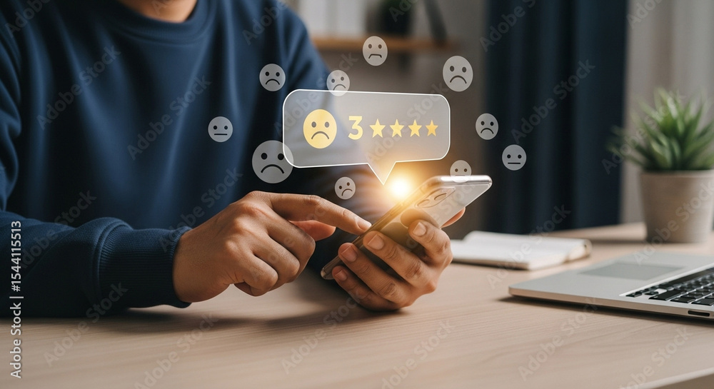 Poster person using smartphone to give a three star rating with sad face feedback online at the desk