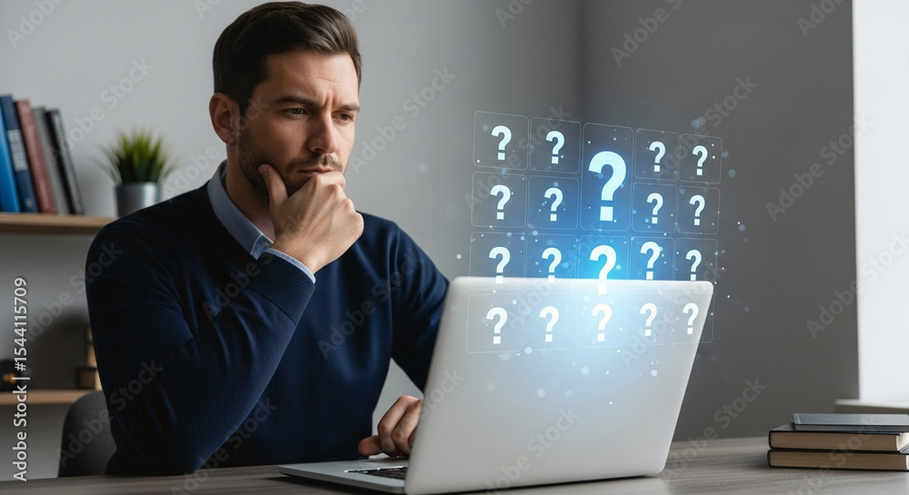 Aufkleber man contemplates questions displayed above laptop screen in a modern office setting at his desk