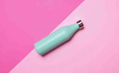 Stylish Matte Teal Reusable Water Bottle with Silver Cap on Modern Diagonal Split Pink Background