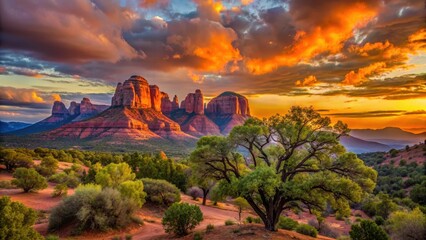 Desert Sunset Over Sedona Red Rocks and Oak Trees in Arizona Landscape , arizona landscape