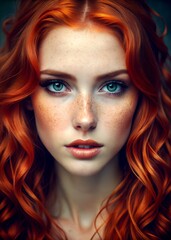 Obraz premium Red-Haired Woman Close-Up – Freckled Beauty with Blue Eyes on Fair Skin