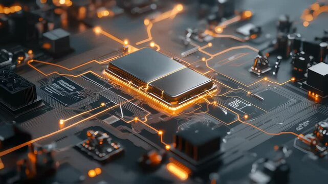 Cybernetic Blueprint: A meticulously detailed view of a cutting-edge circuit board, its intricate pathways glowing with the energy of innovation. A perfect representation of the digital realm.