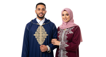 Naklejka premium Muslim Couple Posing in Traditional Moroccan Clothing Isolated on Transparent Background Embracing Islamic Values of Togetherness Family and Tradition Modern Interpretation of Cultural Heritage
