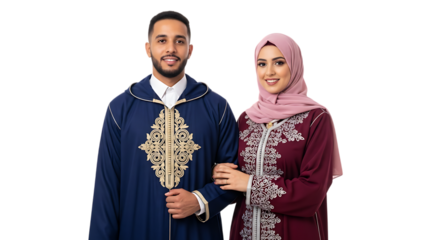Muslim Couple Posing in Traditional Moroccan Clothing Isolated on Transparent Background Embracing Islamic Values of Togetherness Family and Tradition Modern Interpretation of Cultural Heritage