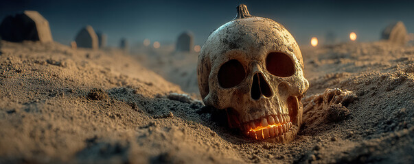 Glowing skull emerging from the sand in a spooky graveyard