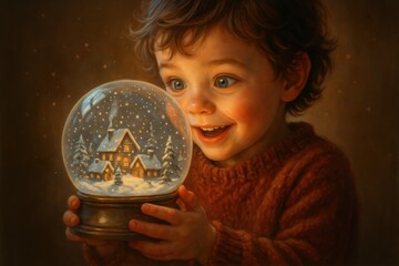Fototapeta premium Child's eyes widening with amazement as they discover magical miniature world inside snow globe
