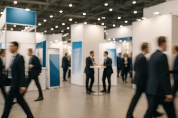 Fototapeta premium Corporate trade show exhibition hall with blurred conference attendees networking in background