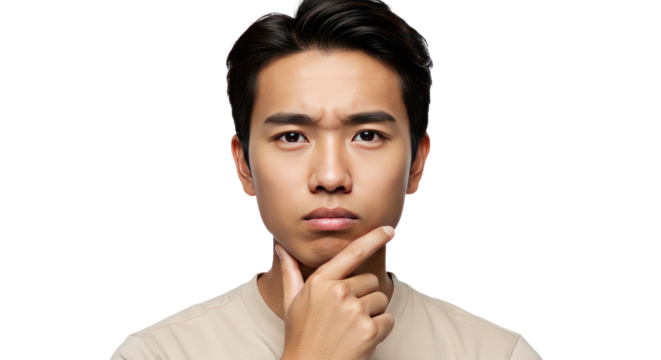 Young Asian Man with Contemplative Expression Hand on Chin.