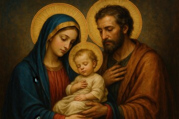 Renaissance-style religious artwork depicting the Holy Family in classical painting technique © Jelena