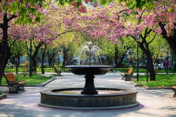 Fountain under cherry blossoms in park