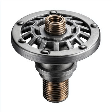 Irrigation drip emitter component with metallic finish on white background  